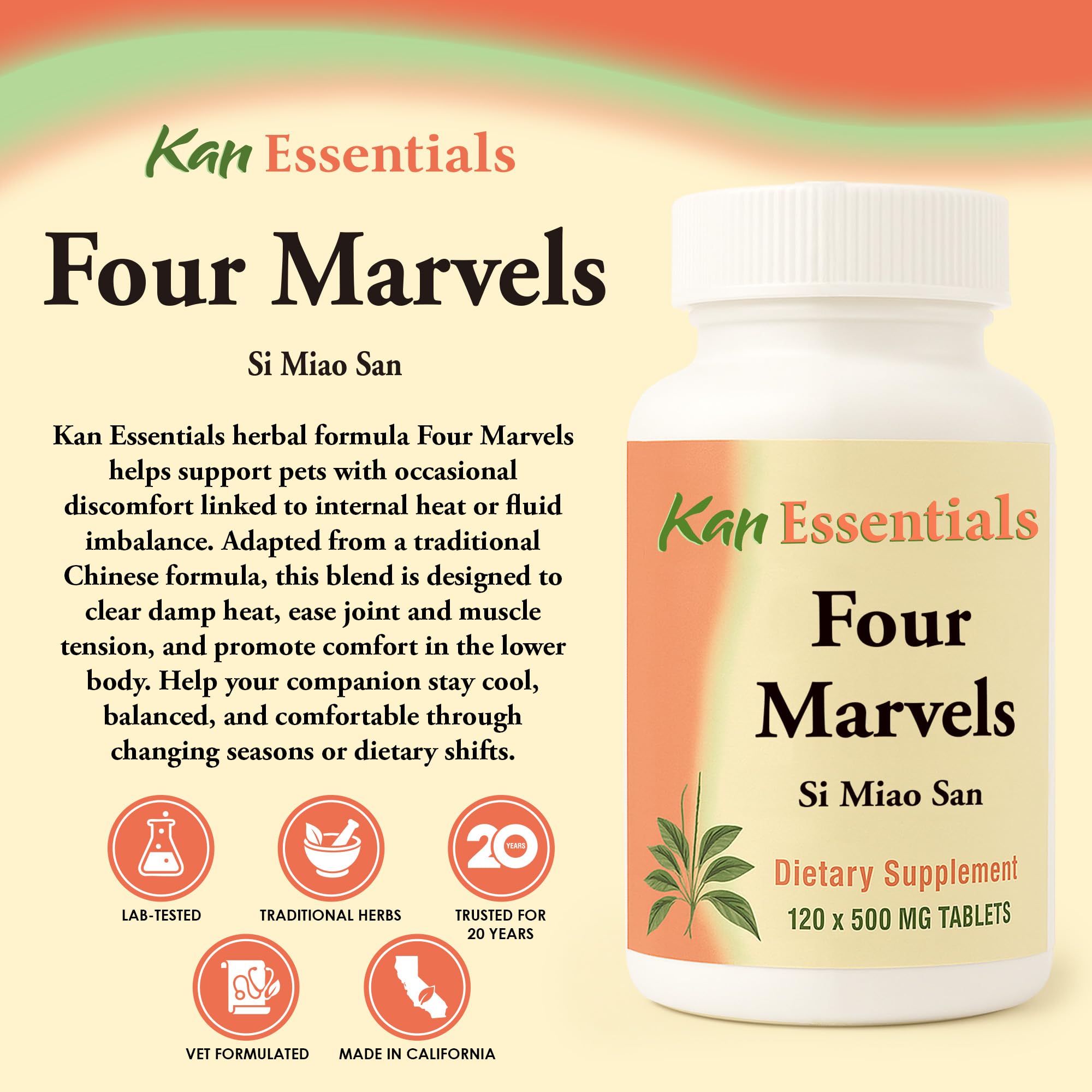 Closeup of Kan Herb Four Marvels tablets highlighting plant-based support for digestive balance.