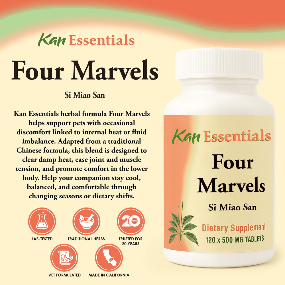 Closeup of Kan Herb Four Marvels tablets highlighting plant-based support for digestive balance.