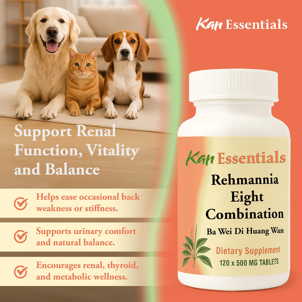 Kan Herb Rehmannia Eight California-made label conveys trusted, quality herbal care for pets.