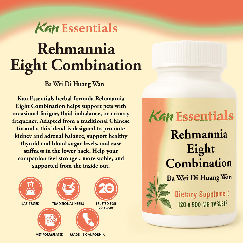 Kan Herb Rehmannia Eight tablets pack demonstrates convenient daily dosing for dogs and cats.