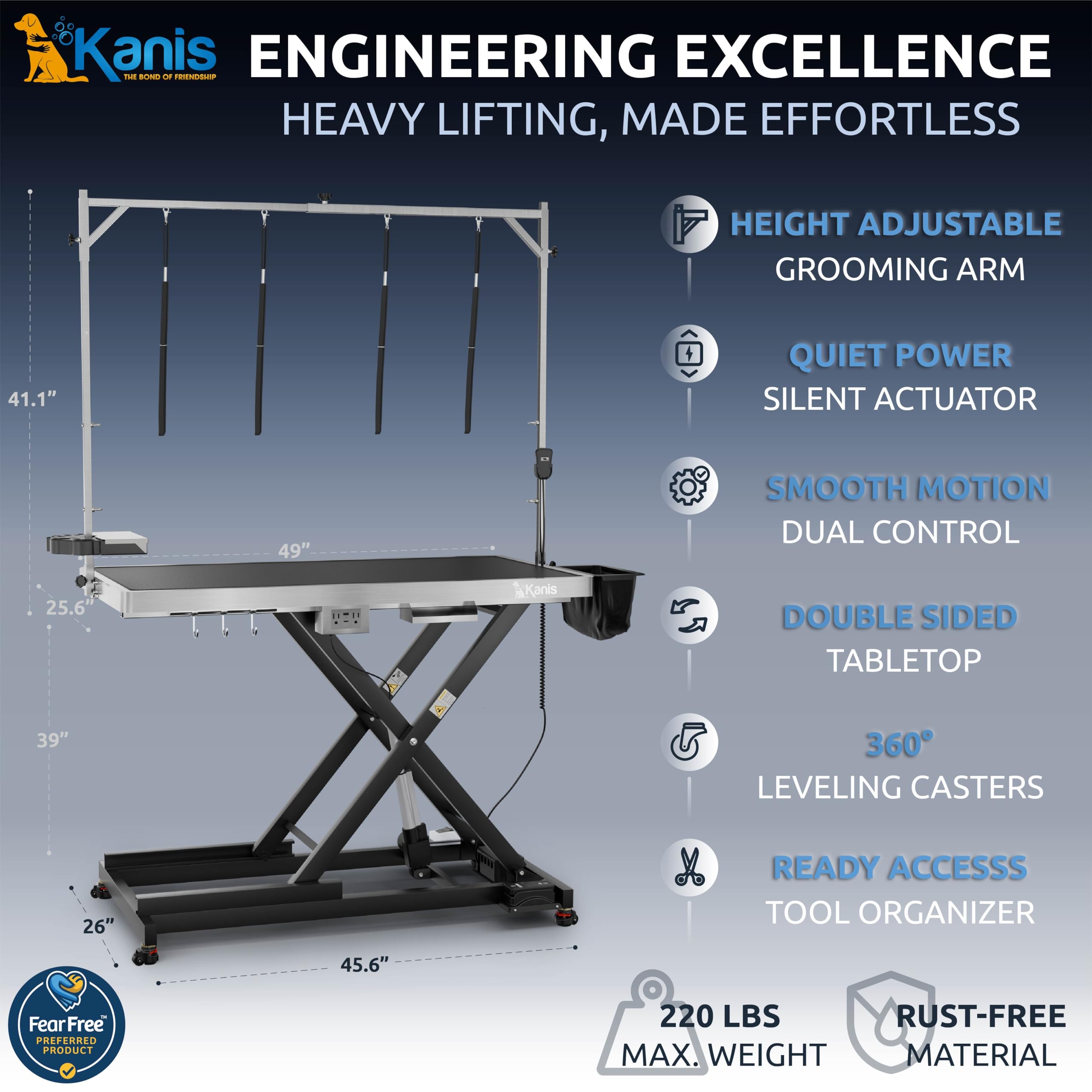 KANIS grooming arm with restraint rings for safe handling.