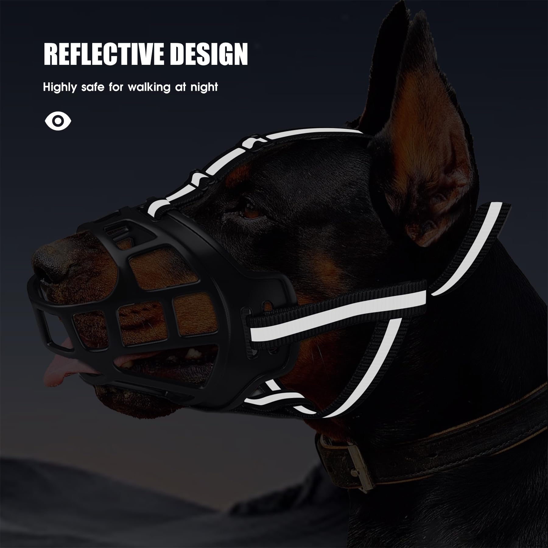 Kanuoc muzzle features adjustable reflective strap for safer nighttime walks.