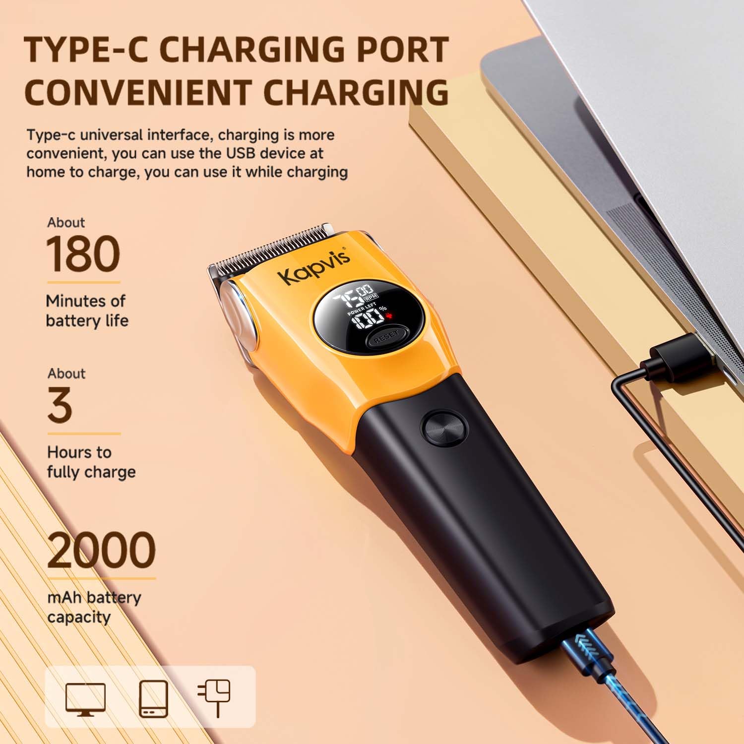 Kapvis Type-C charging enables cordless or plugged-in use anywhere.