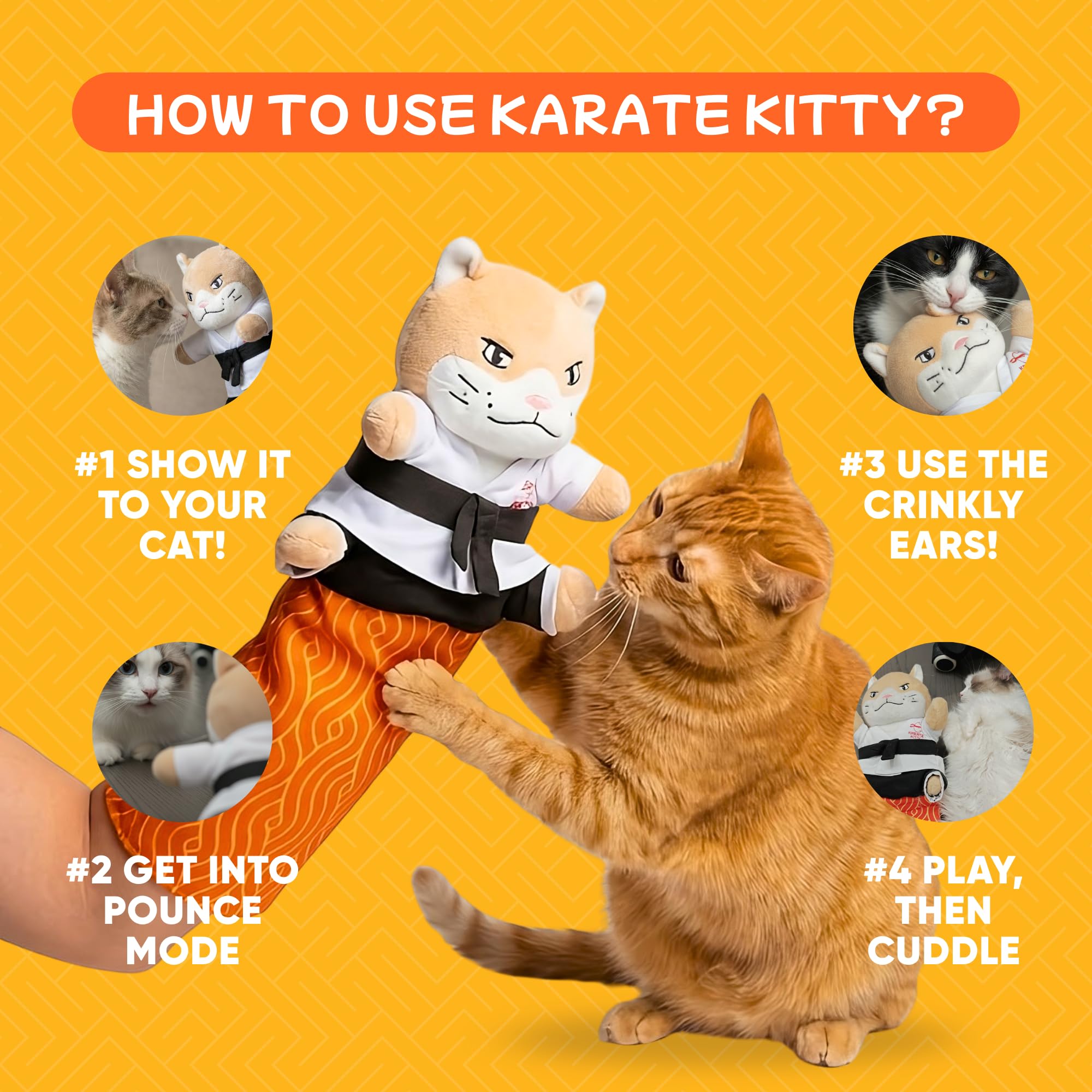 Karate Kitty crinkle ears provide interactive sound stimulation during play.