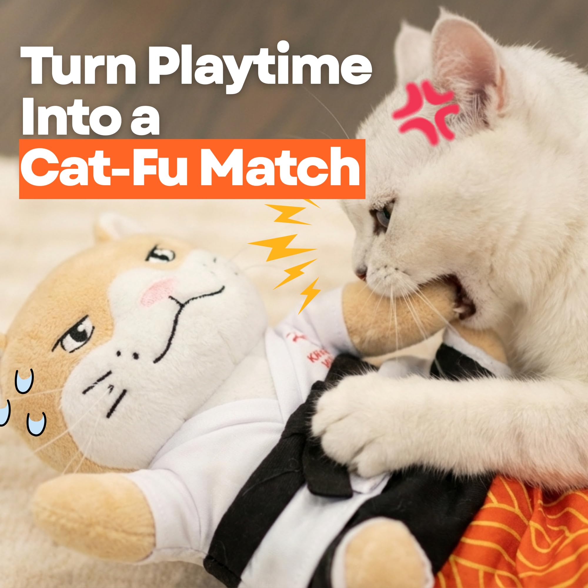 Karate Kitty safe play session with protective arm sleeve.