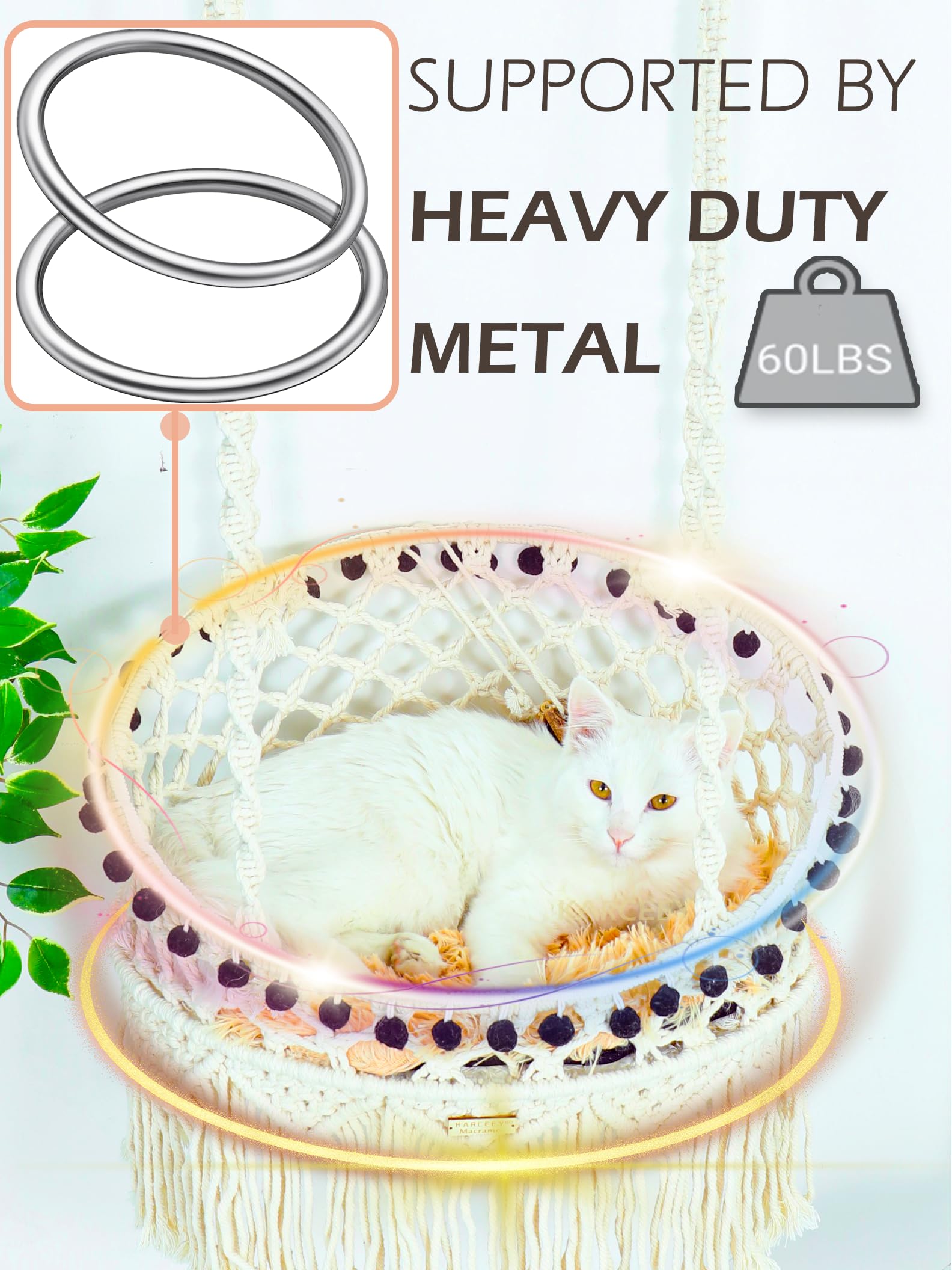 KARCEEY Macrame Cat Hammock 4-rope stability reduces cat anxiety during entry.