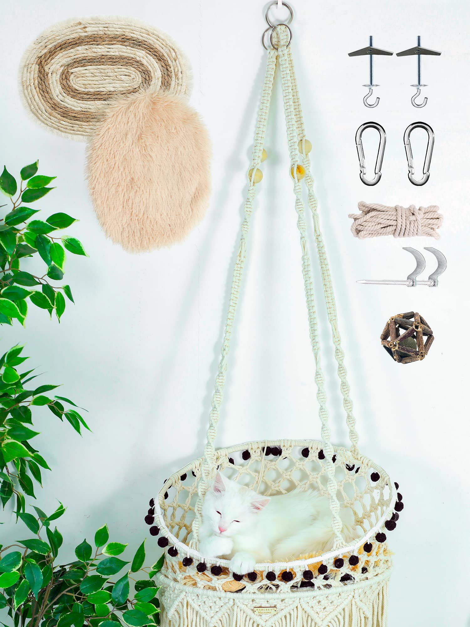KARCEEY Macrame Cat Hammock breathable cotton rope provides year-round comfort.