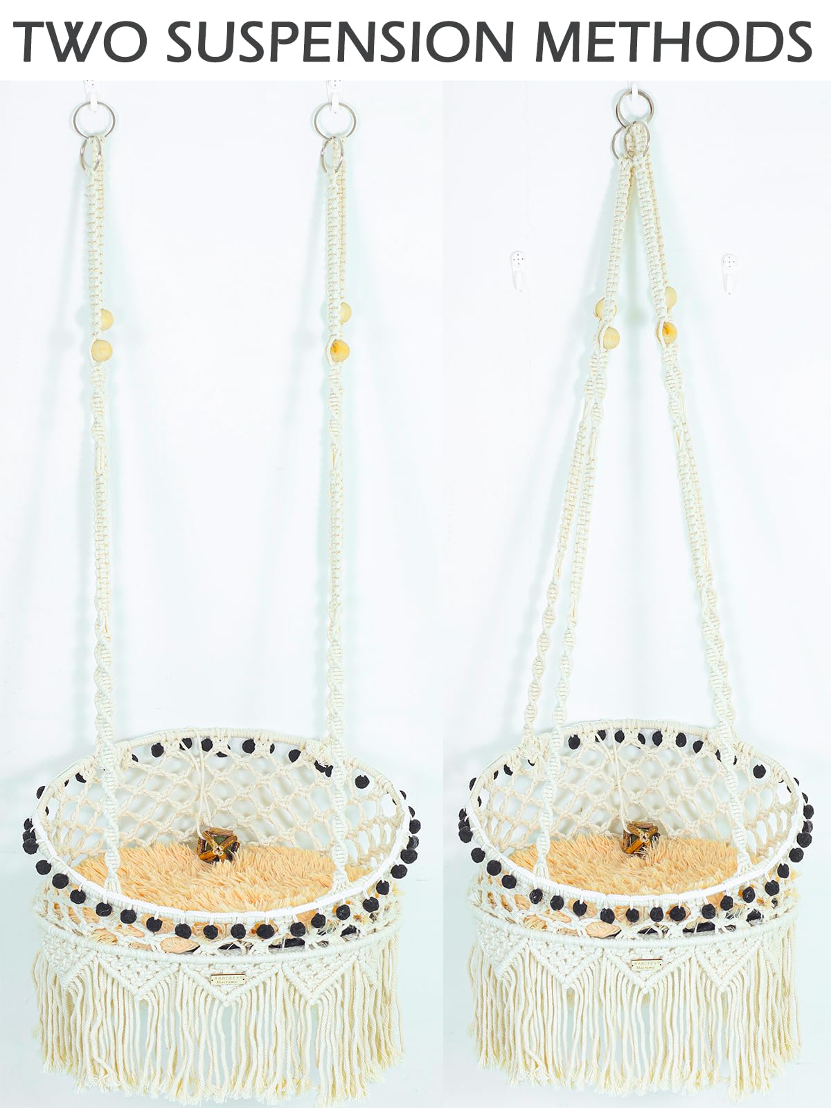 KARCEEY Macrame Cat Hammock double-hoop frame safely supports up to 60lbs.