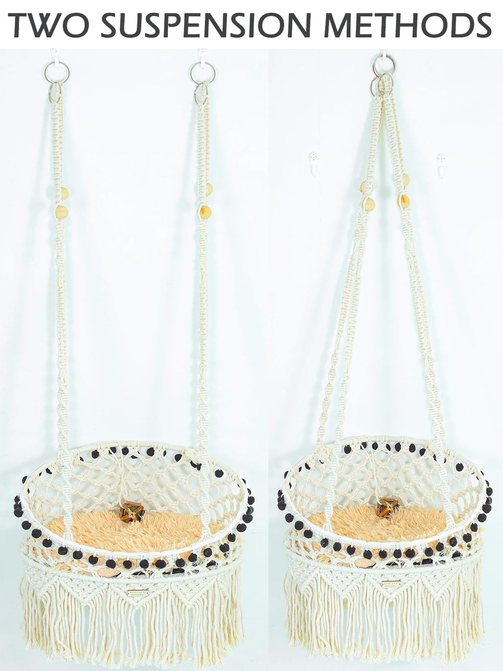 KARCEEY Macrame Cat Hammock double-hoop frame safely supports up to 60lbs.