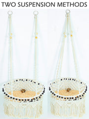 KARCEEY Macrame Cat Hammock double-hoop frame safely supports up to 60lbs.