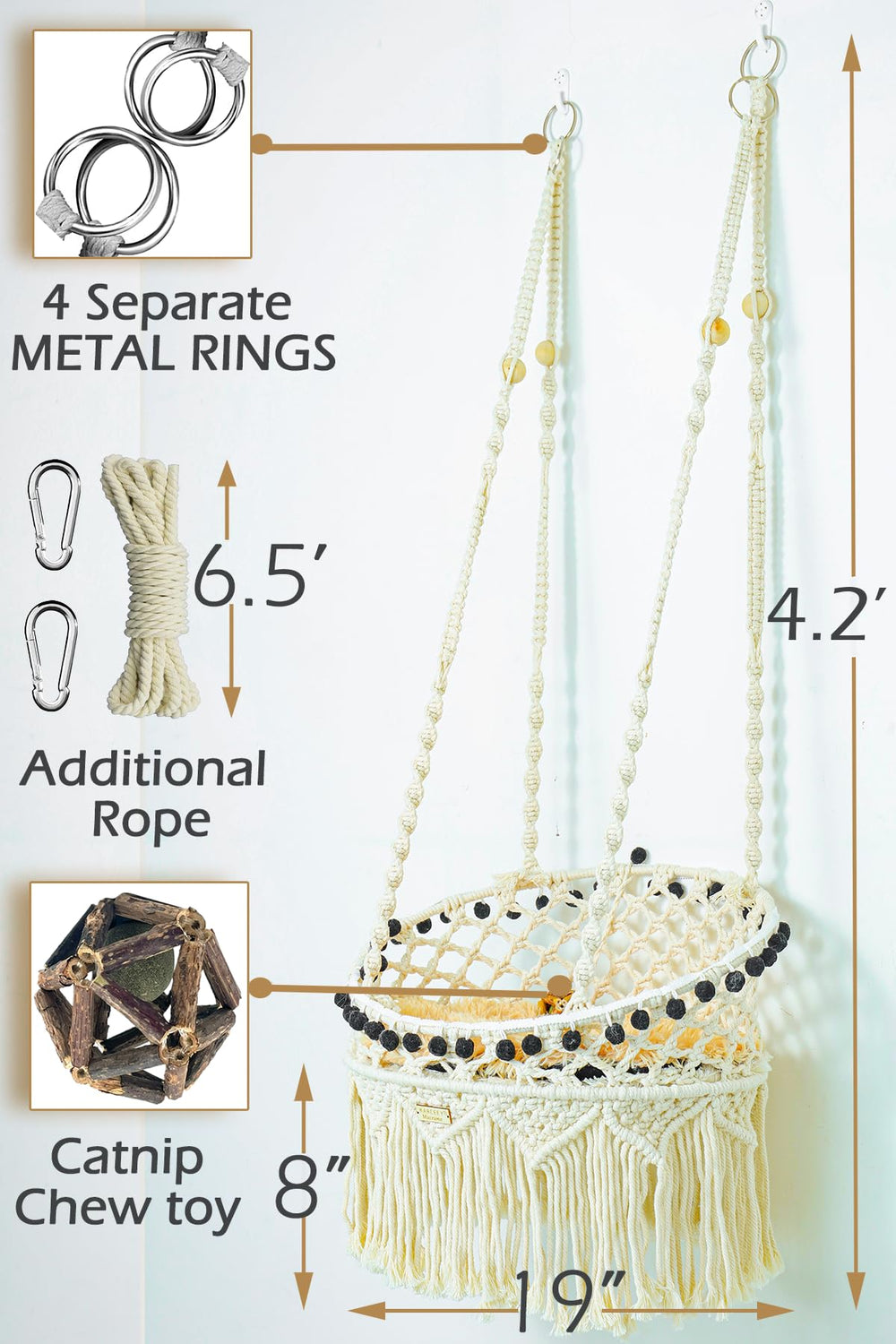 KARCEEY Macrame Cat Hammock includes 11-piece installation kit for easy setup.