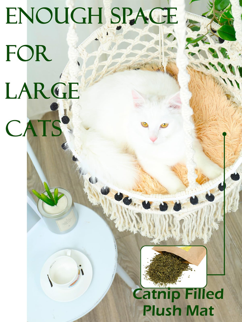 KARCEEY Macrame Cat Hammock Nip Toy included for interactive play.