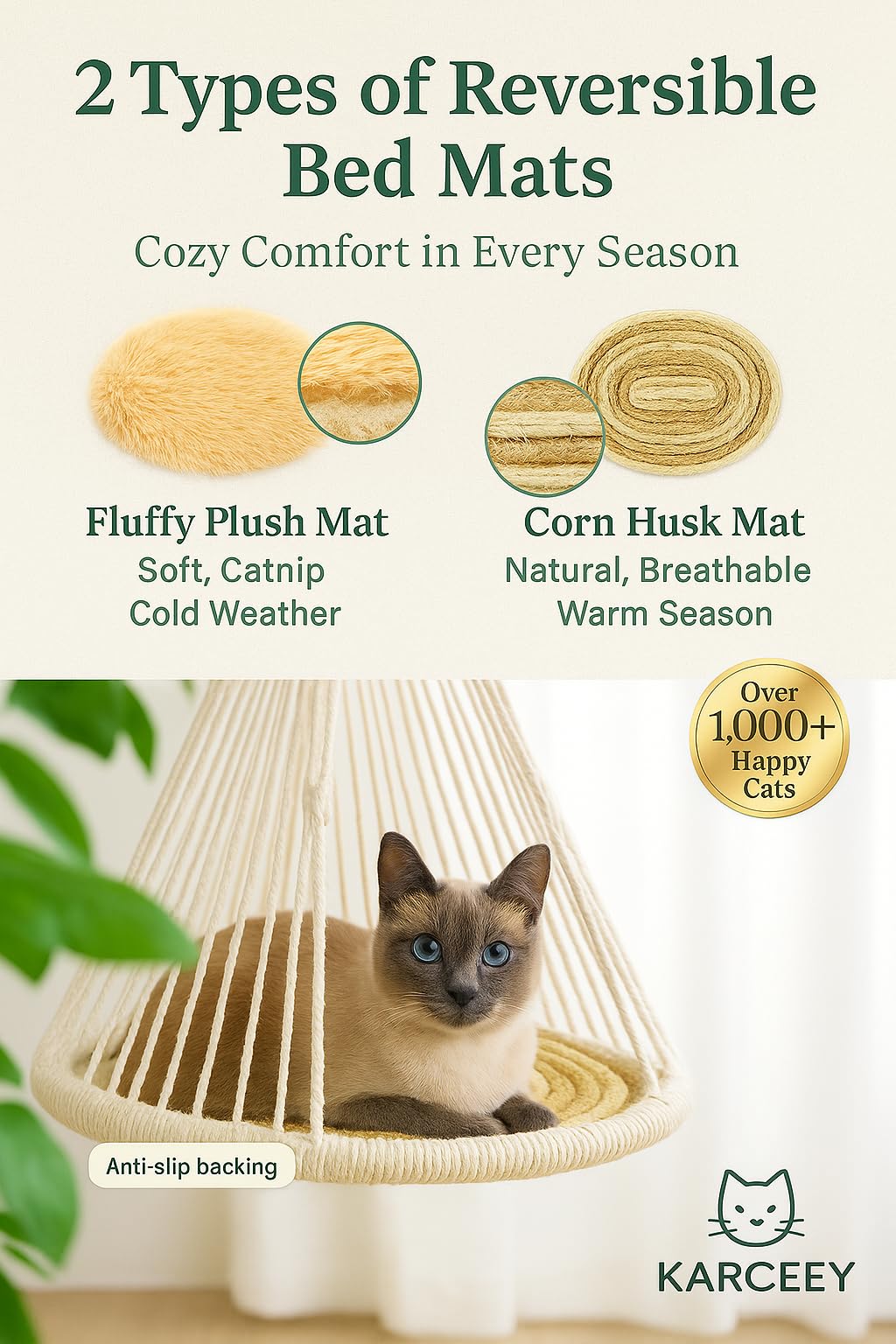 KARCEEY Macrame Cat Hammock versatile mounting from wall to catio.
