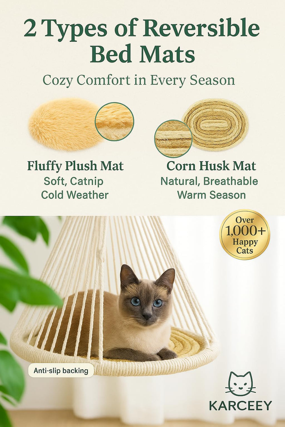 KARCEEY Macrame Cat Hammock versatile mounting from wall to catio.