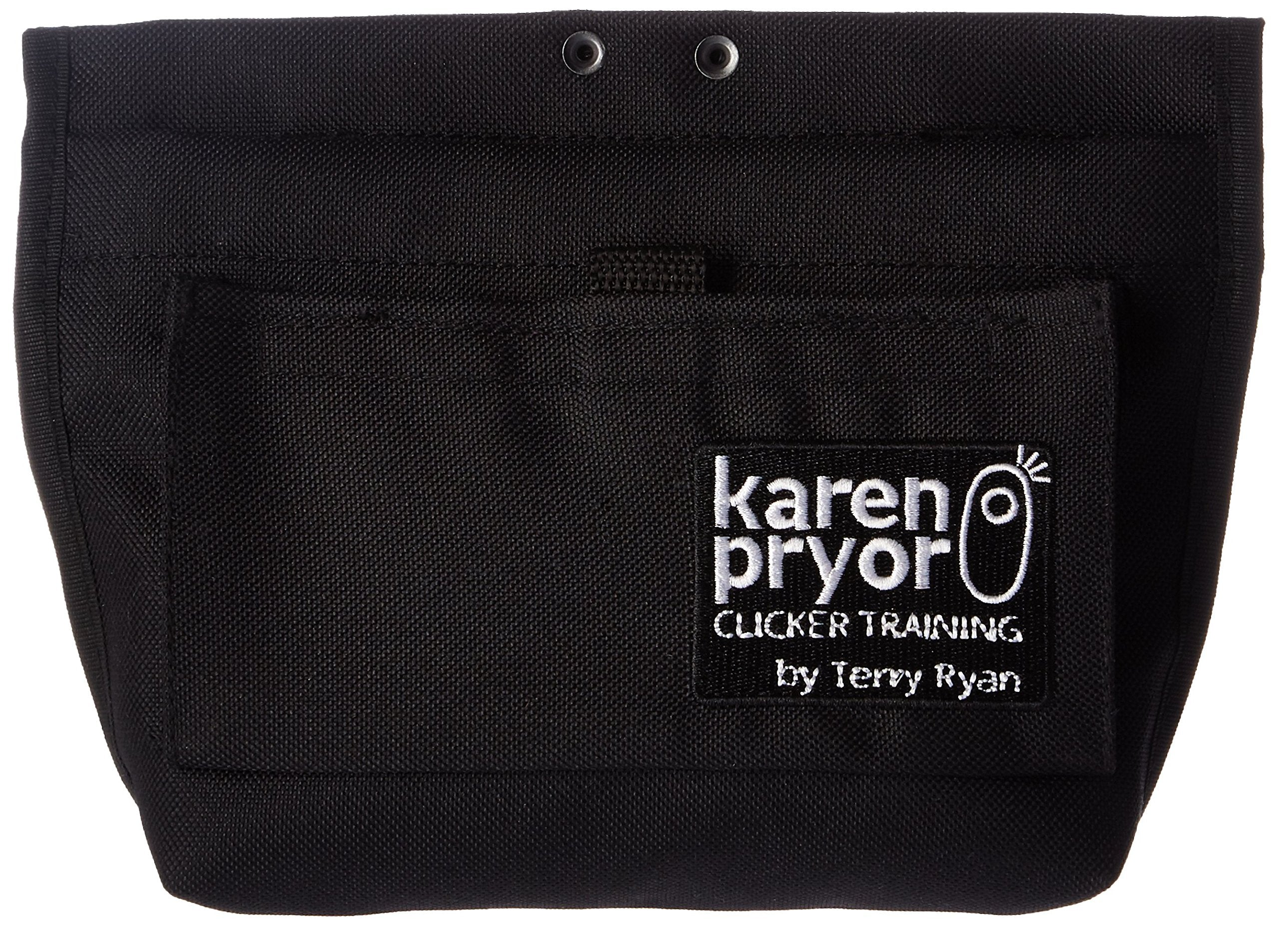 Karen Pryor Clicker Training black treat pouch with open hinge for quick reward access.