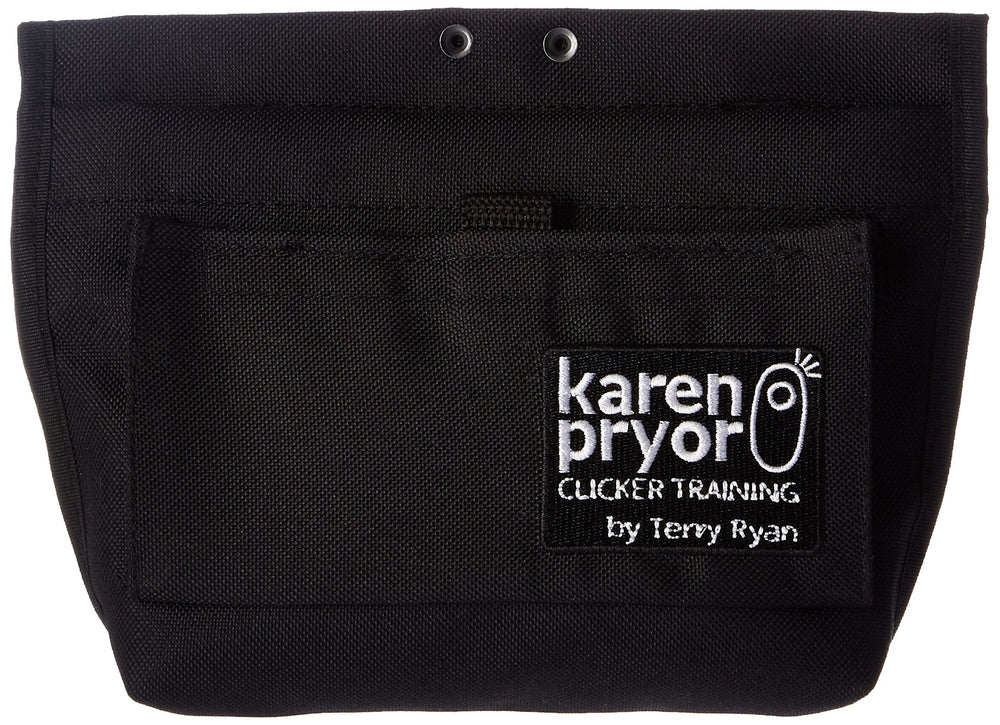 Karen Pryor Clicker Training black treat pouch with open hinge for quick reward access.