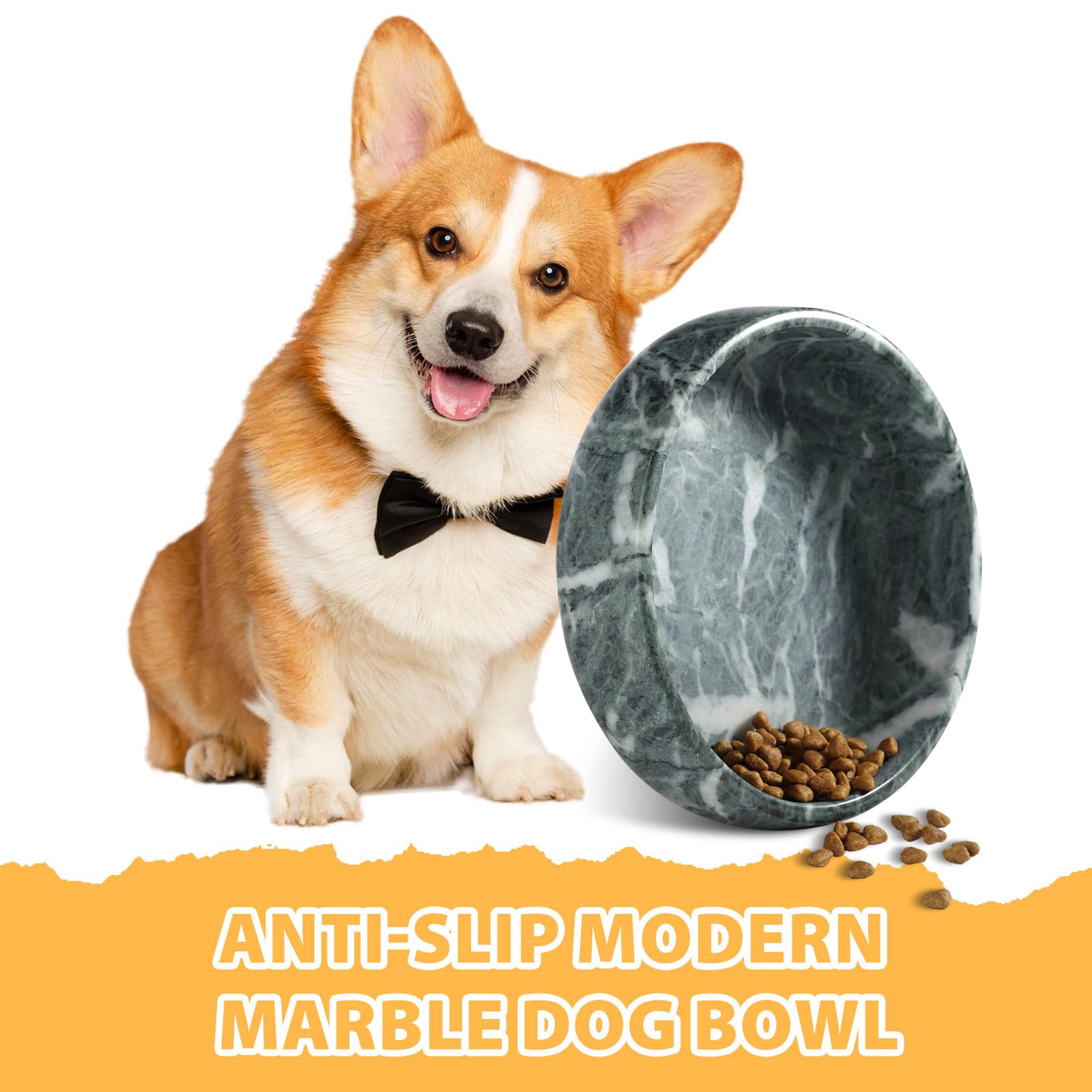 Karibiber Green Marble Dog Bowl front-angle shot showcases the heavy, stable profile that helps prevent tipping.