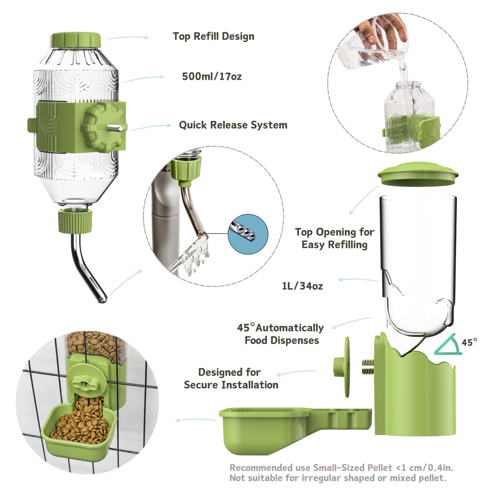 Kassiva gravity water bottle demonstrates tidy cage hydration.
