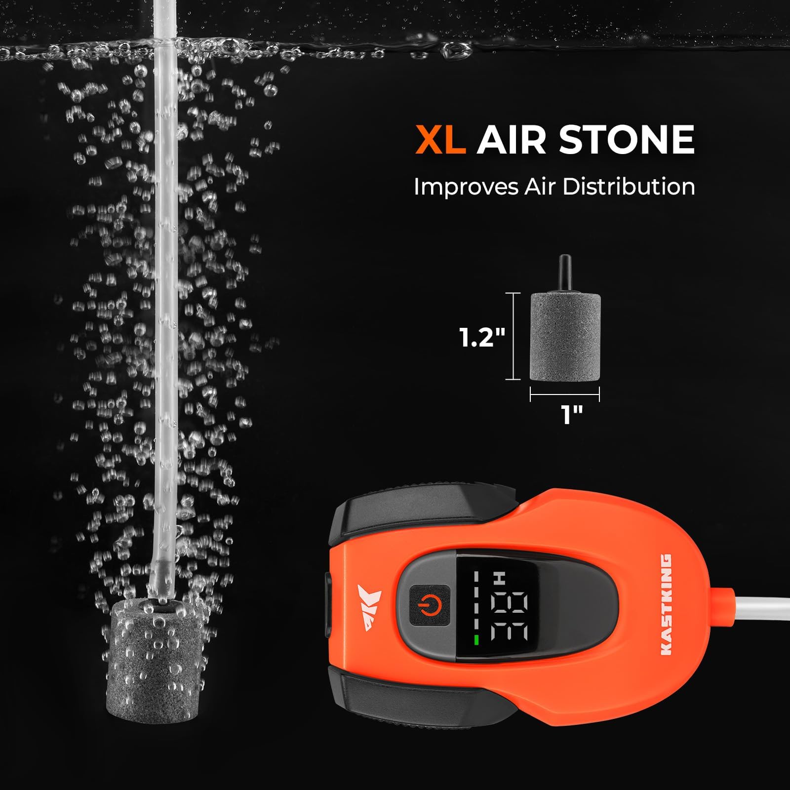 KastKing Li3 XL air stone improves distribution across water.