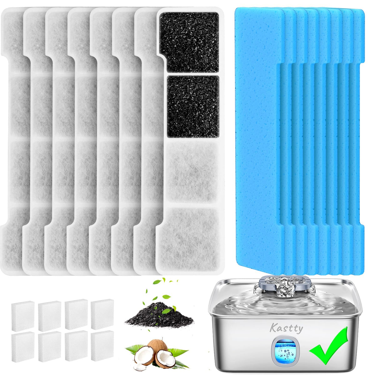 Kastty 15L dog fountain activated carbon filter enhances odor control and fresh water.