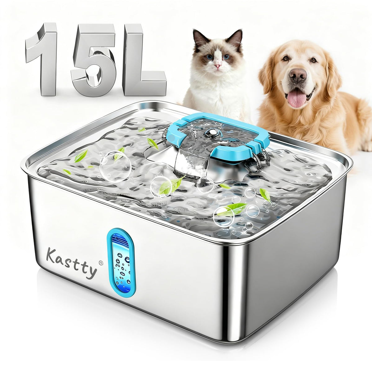 Kastty 15L large-capacity fountain front view ensures steady hydration for pets