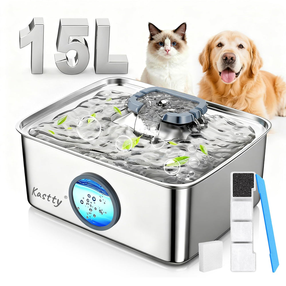 Kastty 15L large dog fountain for households with multiple pets, reducing refills.