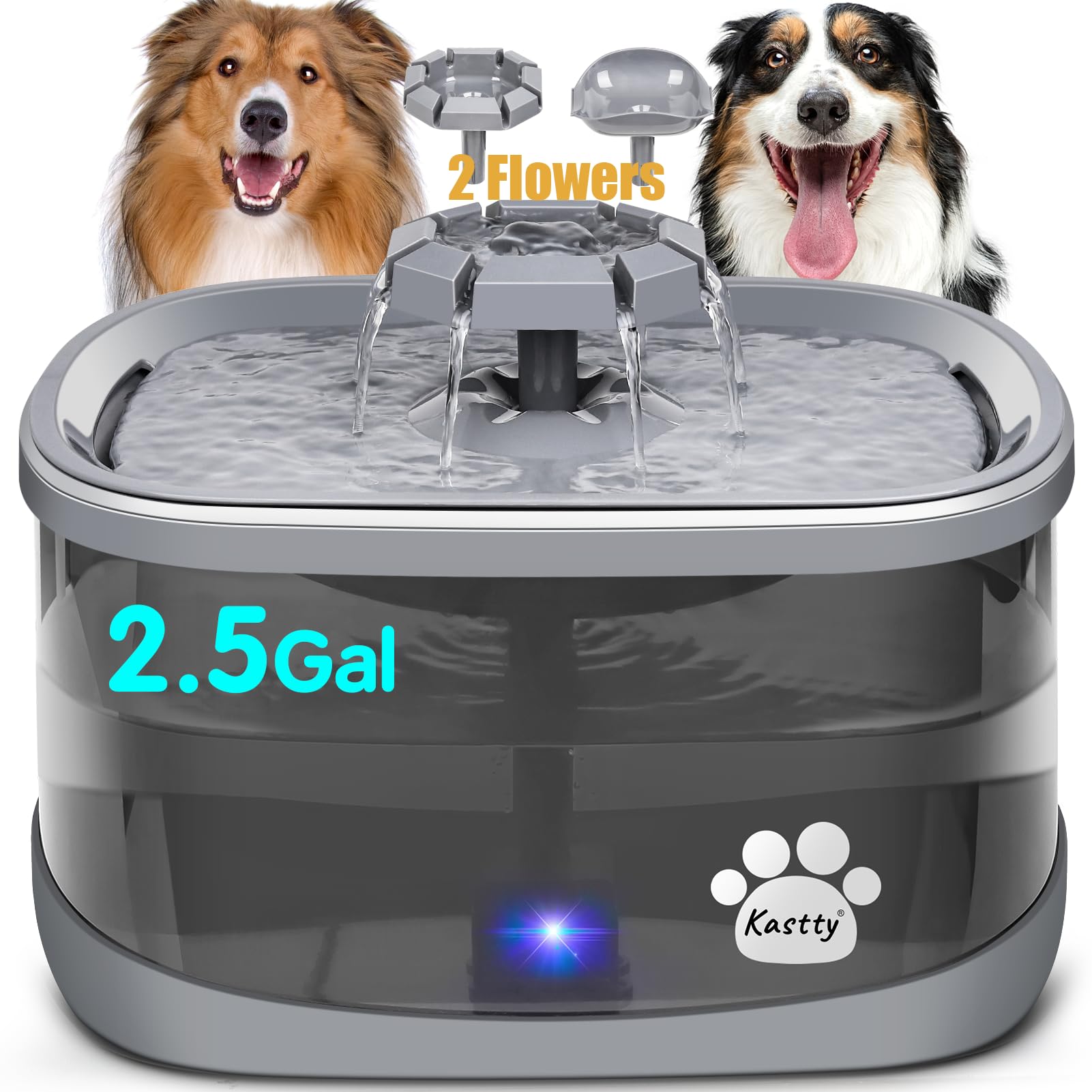 Kastty 2.5Gal dog water fountain front view showing large capacity for big pets.