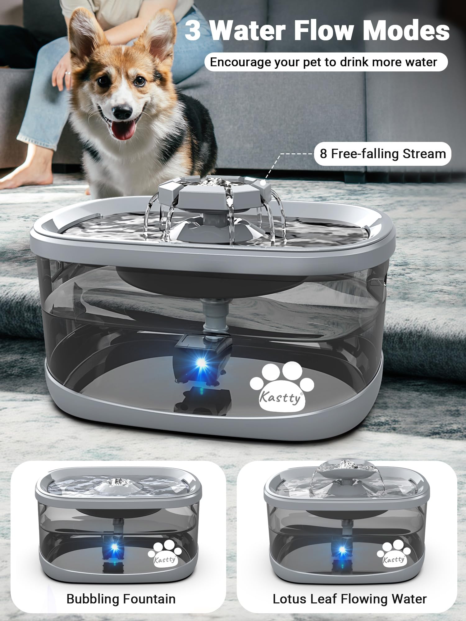 Kastty dog water fountain side view emphasizing quiet, energy-saving operation.