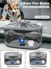Kastty dog water fountain side view emphasizing quiet, energy-saving operation.