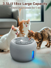 Kastty cat fountain side view highlighting compact footprint for home use.