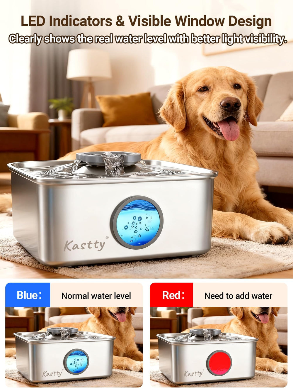 Kastty 5-layer filtration system traps debris and fur for clearer water.