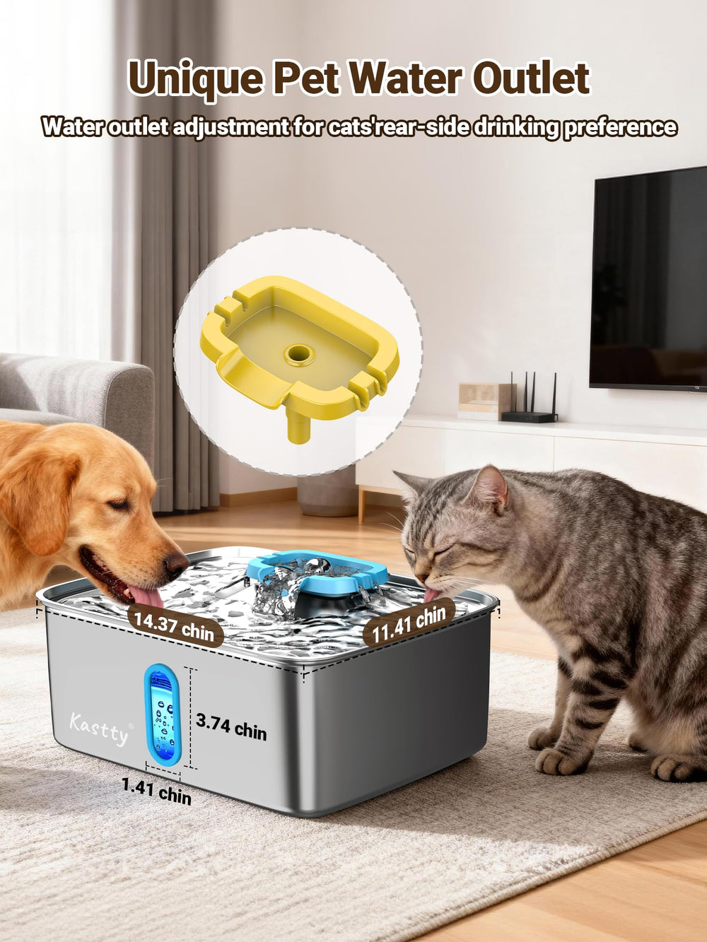 Kastty automatic pet water fountain in action for multi-pet homes