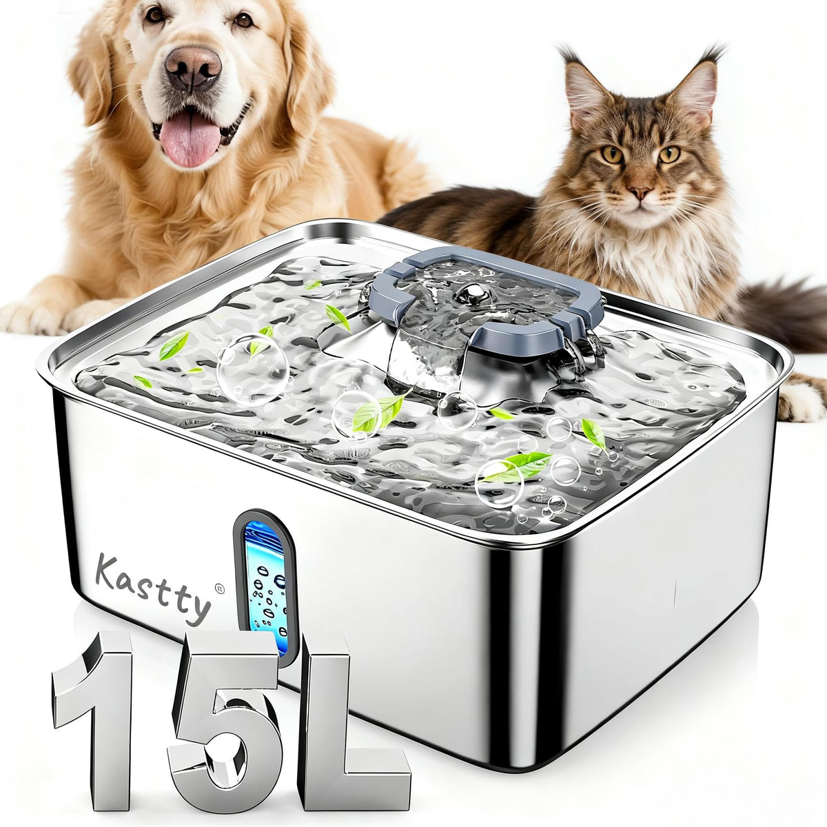 Kastty dog water fountain shows 15L capacity for large dogs and multi-pet homes.