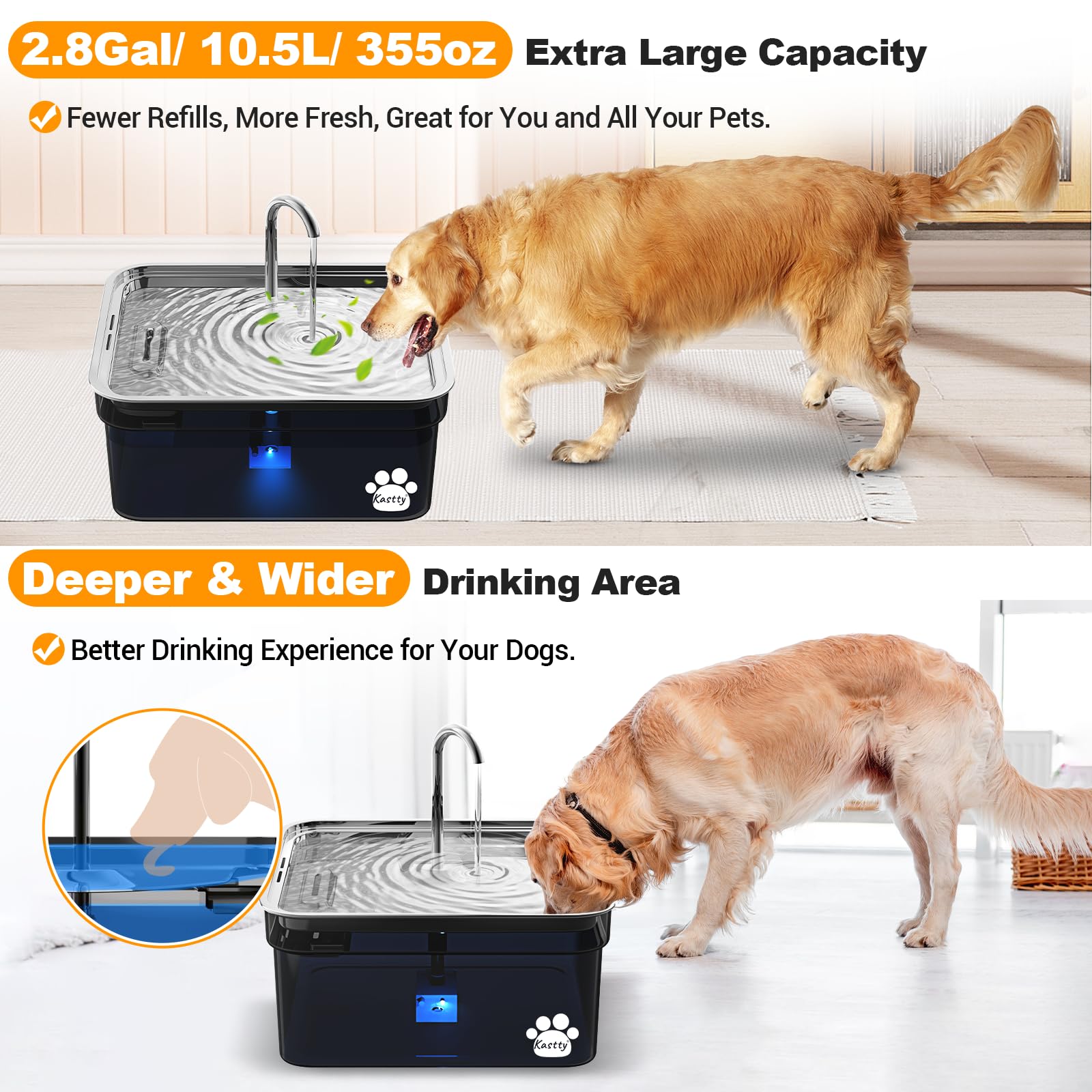 Kastty dog water fountain stainless-steel construction for durability and easy cleaning.