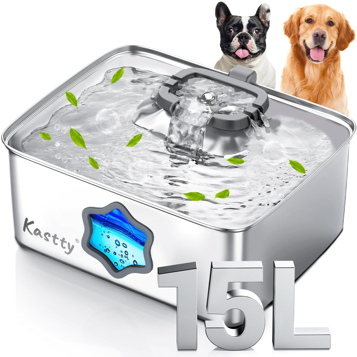Kastty large dog water fountain front view with 15L capacity for multi-pet hydration.