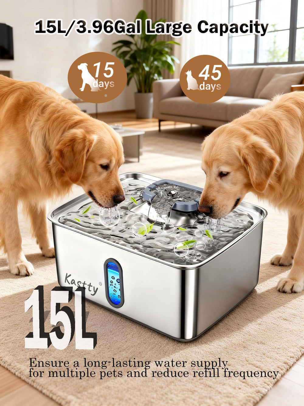 Kastty large-dog fountain in stainless steel for durability and easy cleaning.