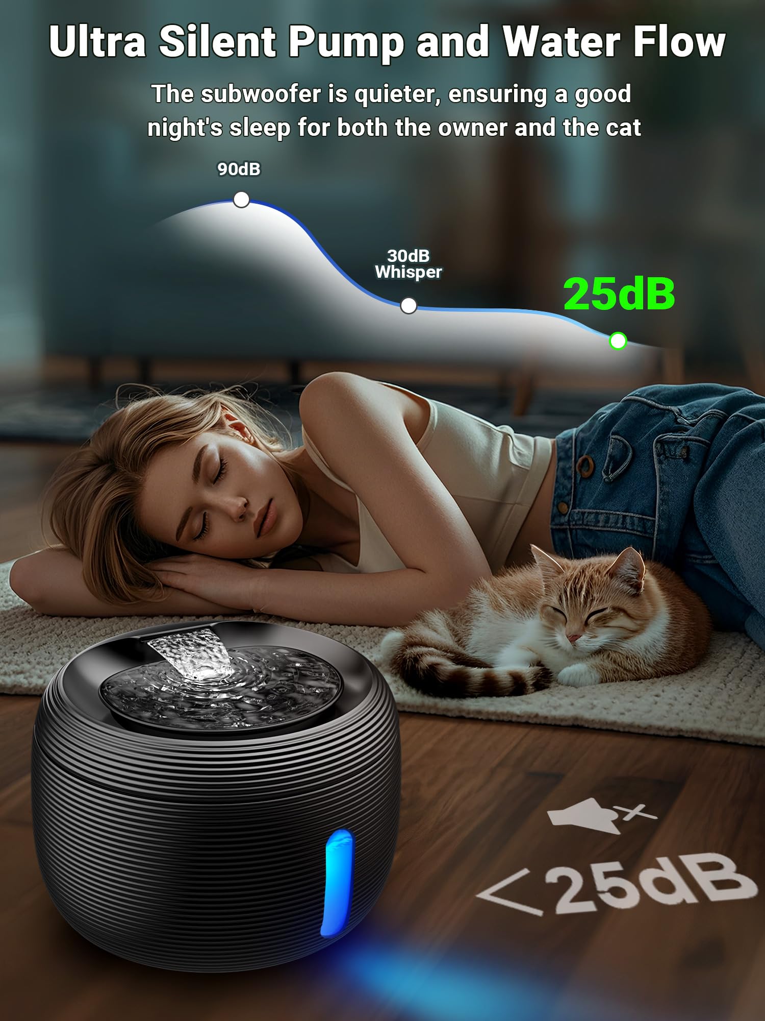 Kastty ultra-quiet pump operates below 30 dB for a calm home.