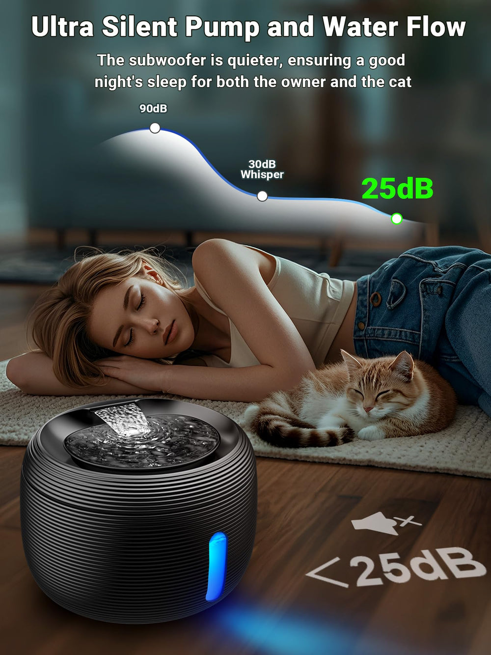 Kastty ultra-quiet pump operates below 30 dB for a calm home.