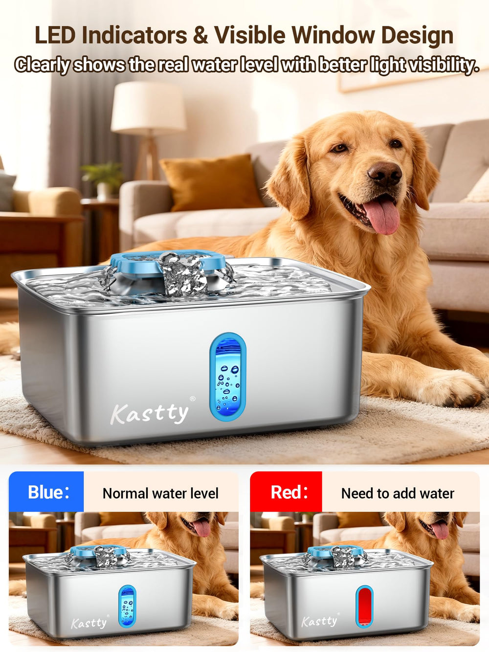 Kastty visual window and LED indicator for easy water monitoring