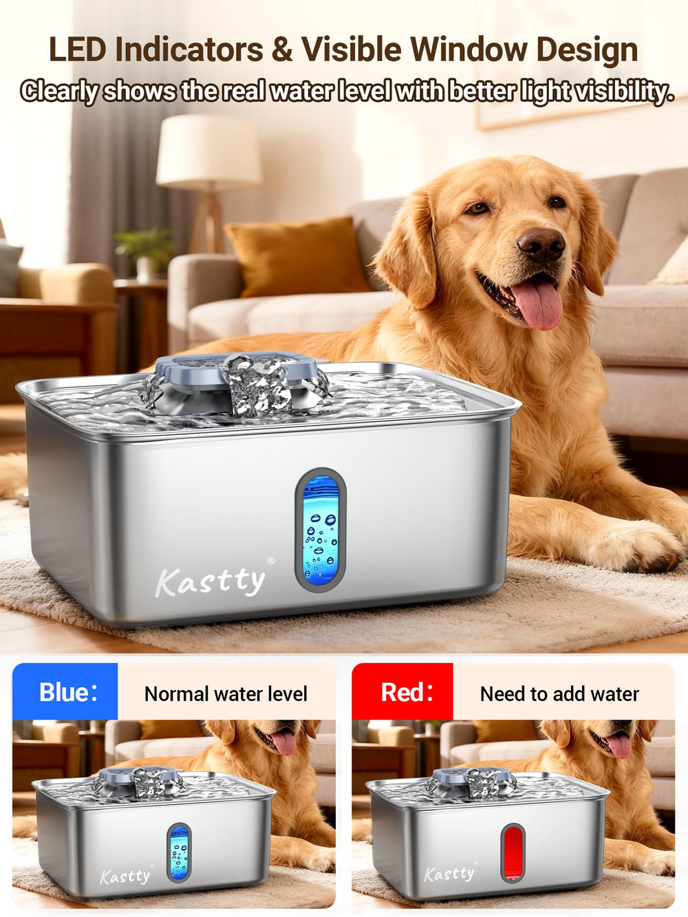 Kastty water level window helps monitor hydration at a glance.
