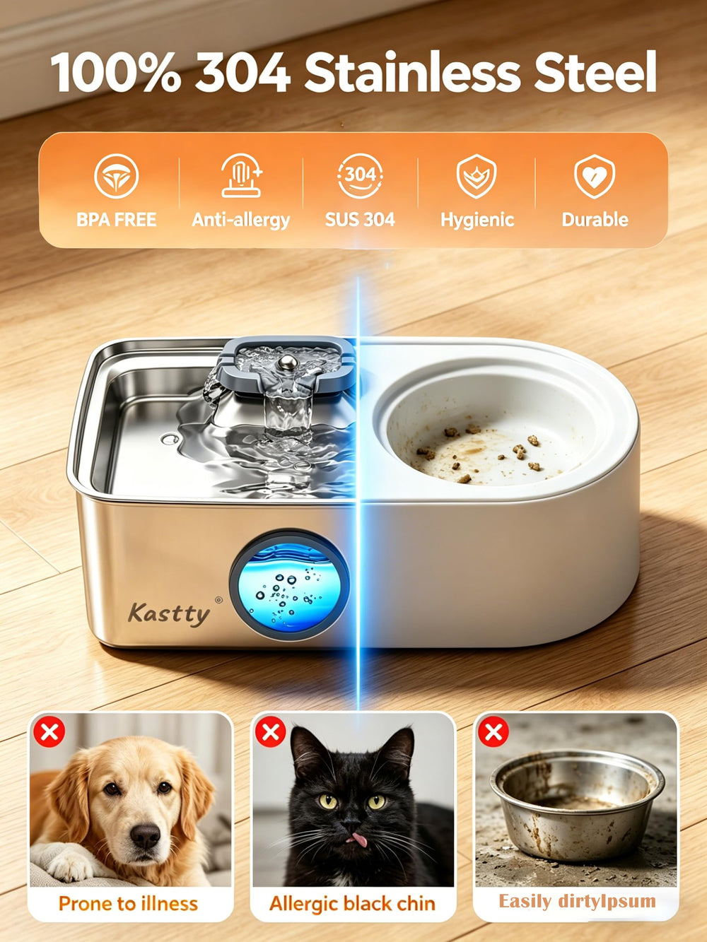 Kastty water-level window with LED guides timely top-ups for busy homes.