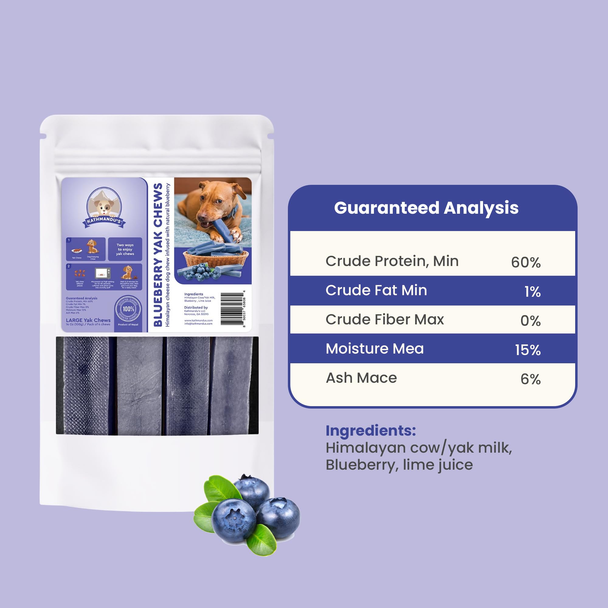KATHMANDU'S Blueberry Yak Chews dental care focus during chewing.