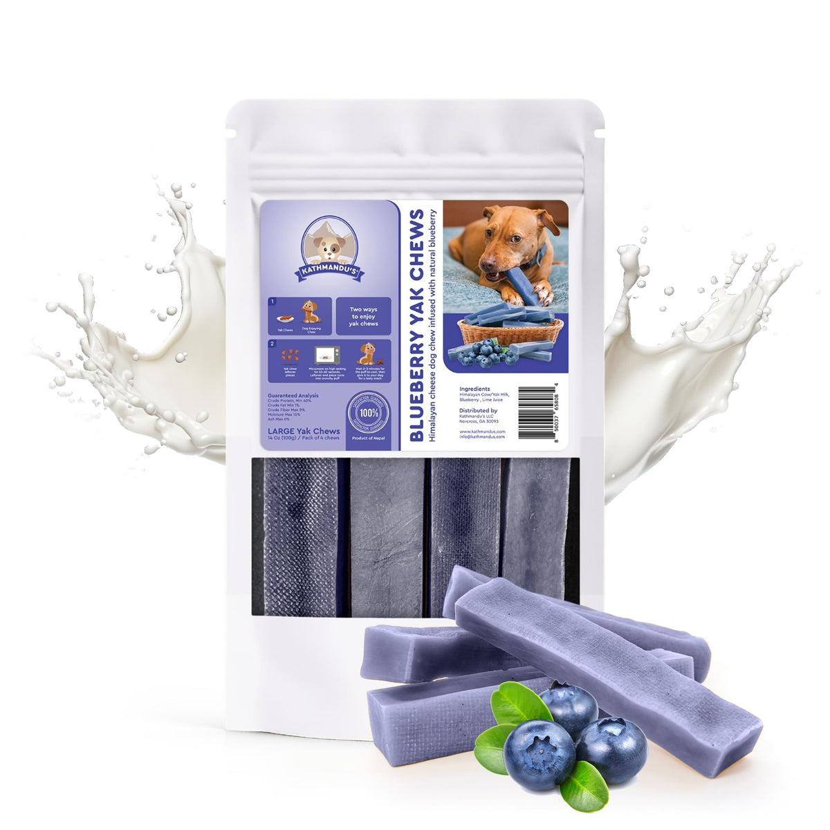 KATHMANDU'S Blueberry Yak Chews packaging shows lactose-free long-lasting chewing.