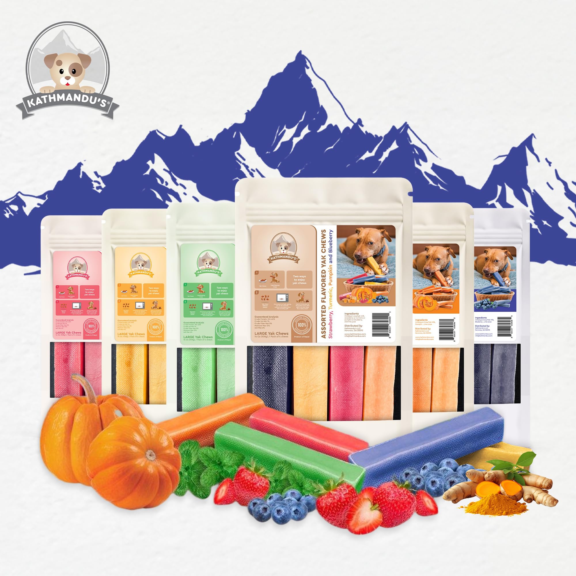 KATHMANDU'S Blueberry Yak Chews packaging highlights sustainable sourcing.
