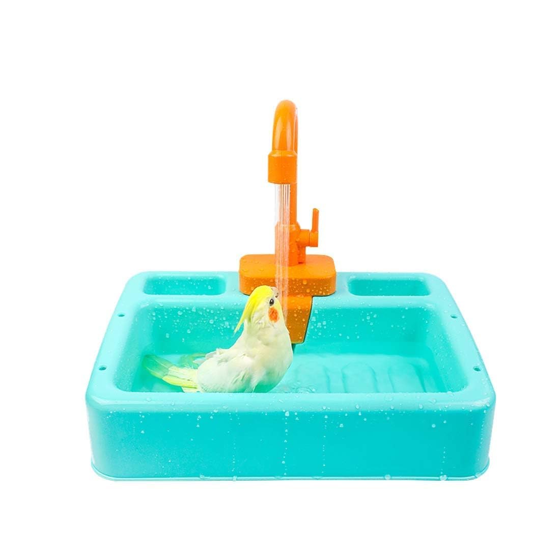 Kathson bird bath tub with faucet demonstrates easy, mess-minimizing bathing for small to medium birds.