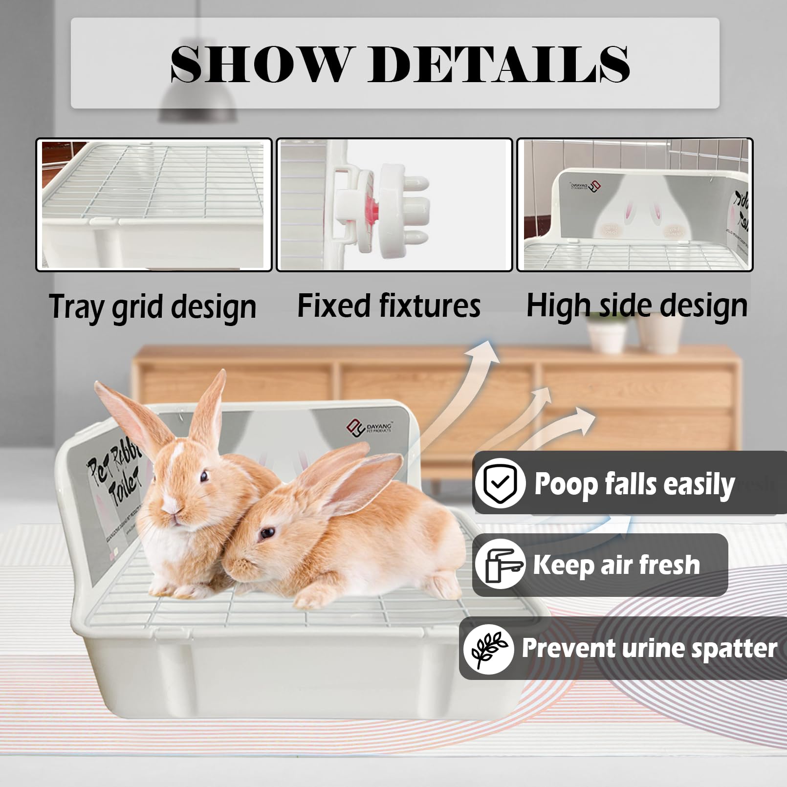 Kathson bunny potty with three-sided edge to block splash and protect floors.