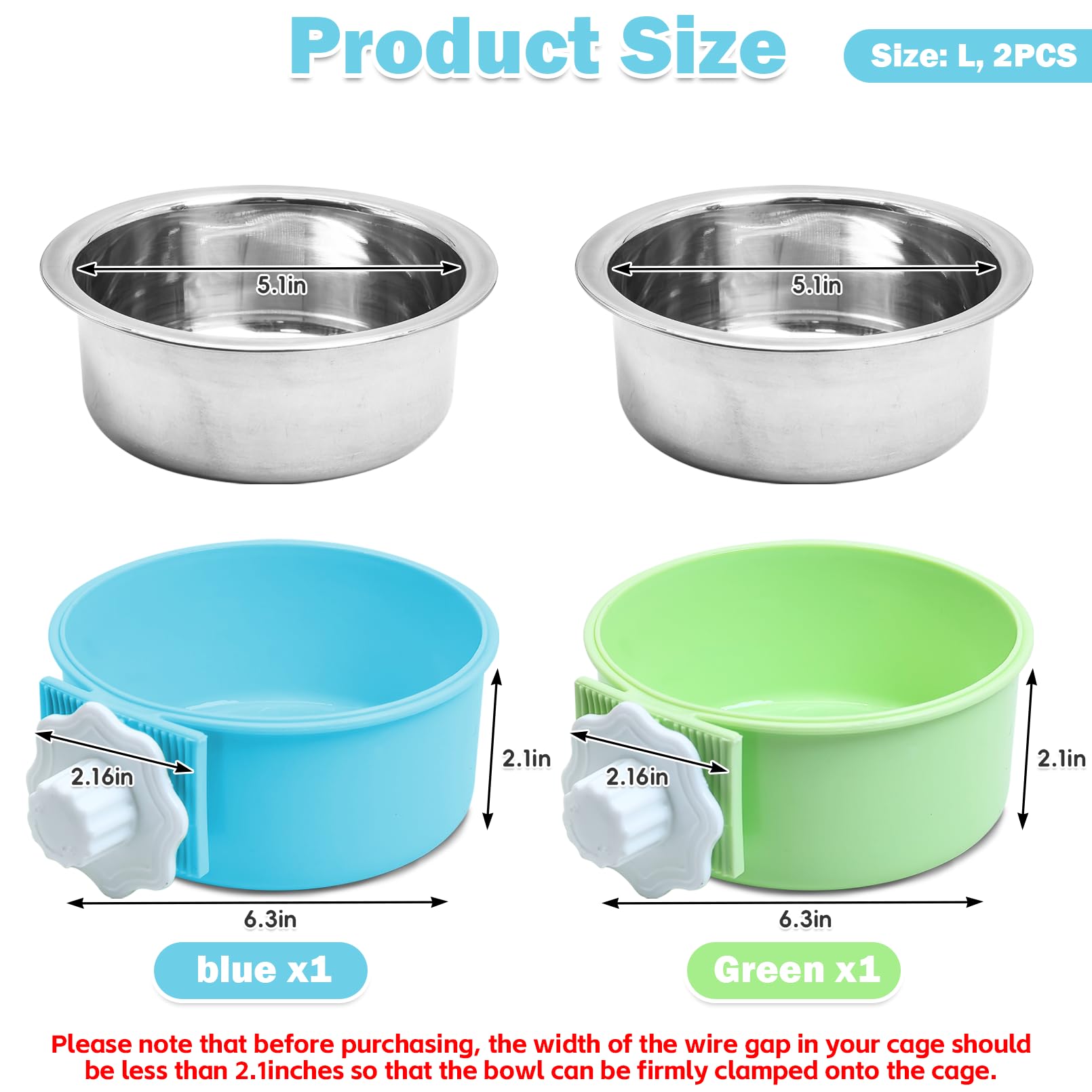 Kathson crate bowls hanging on a kennel, keeps meals tidy.