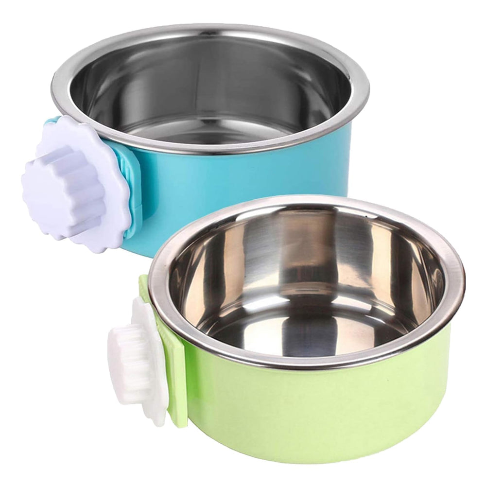 Kathson crate dog bowl blue and green set, ideal for crate feeding.
