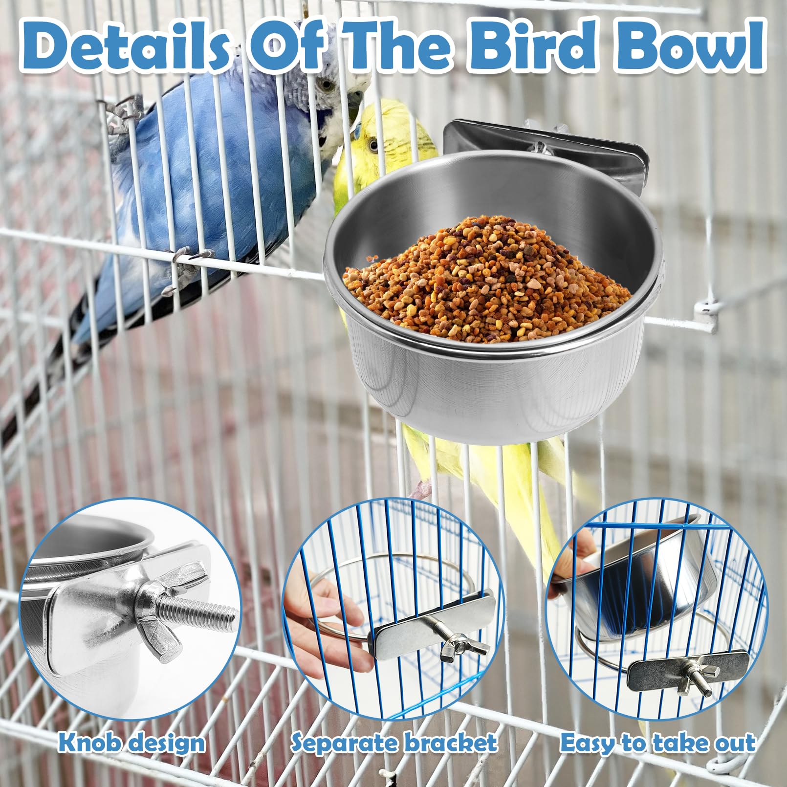 Dishwasher-safe Kathson feeding cups simplify cleanups after active cage days.