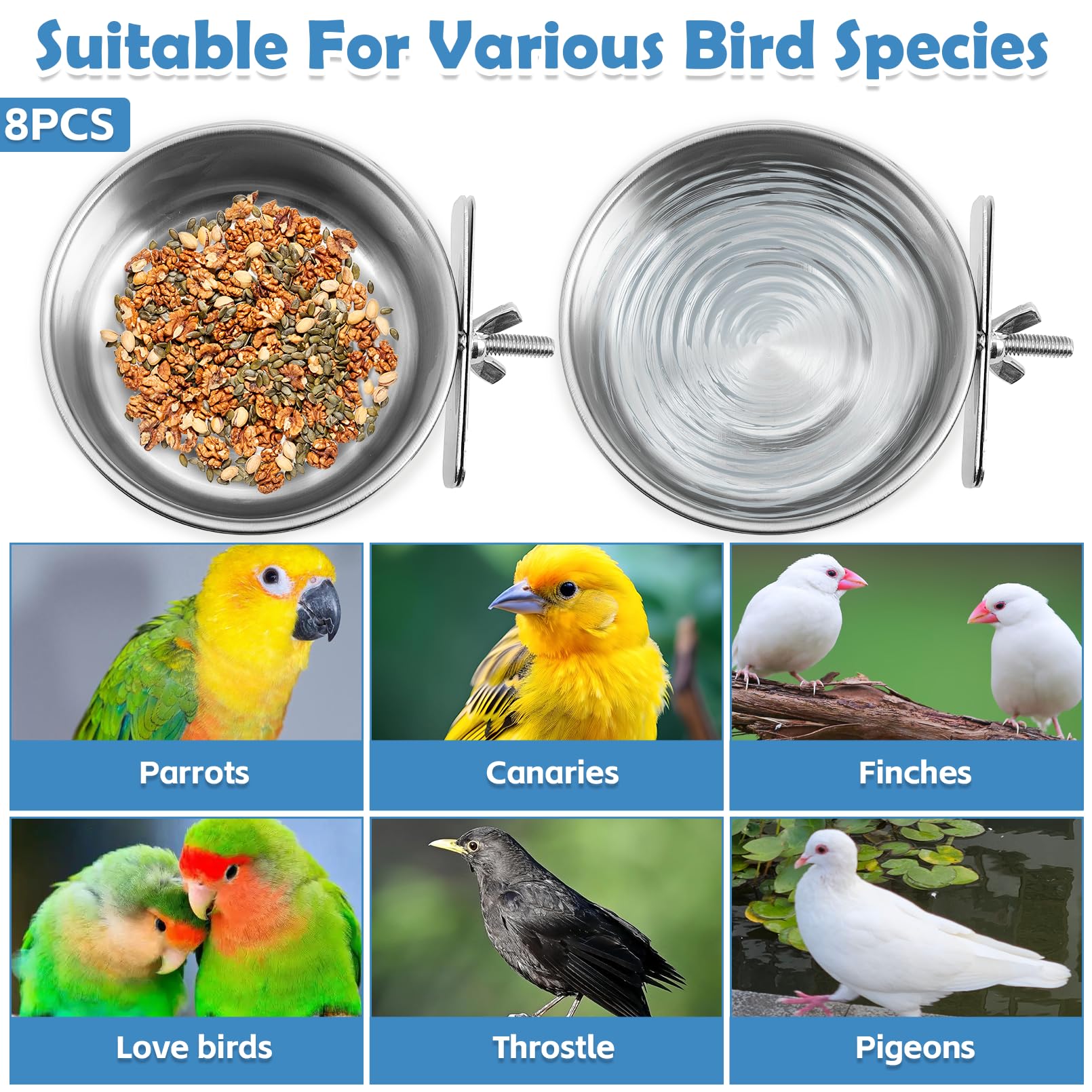 Eight-pack Kathson bowls designed for parrots, finches, and other small pets.